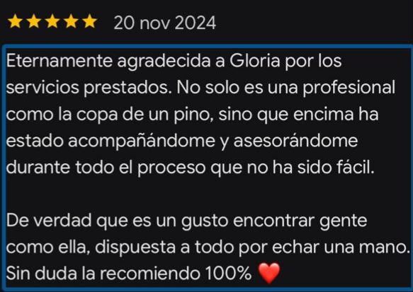 Reseña de cliente agradecida por el acompañamiento de Gloria Seminario