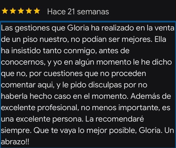 Reseña de cliente sobre la venta de su piso con Gloria Seminario